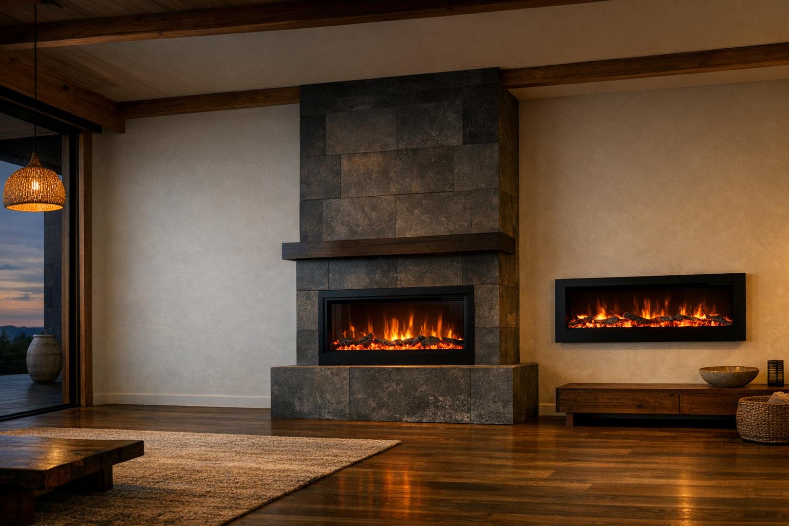 Built-in vs wall-mounted electric fireplaces AI-generated editorial illustration.