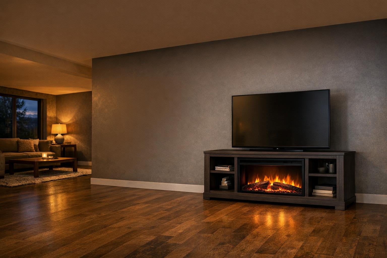 Sizing an electric fireplace TV stand AI-generated editorial illustration.