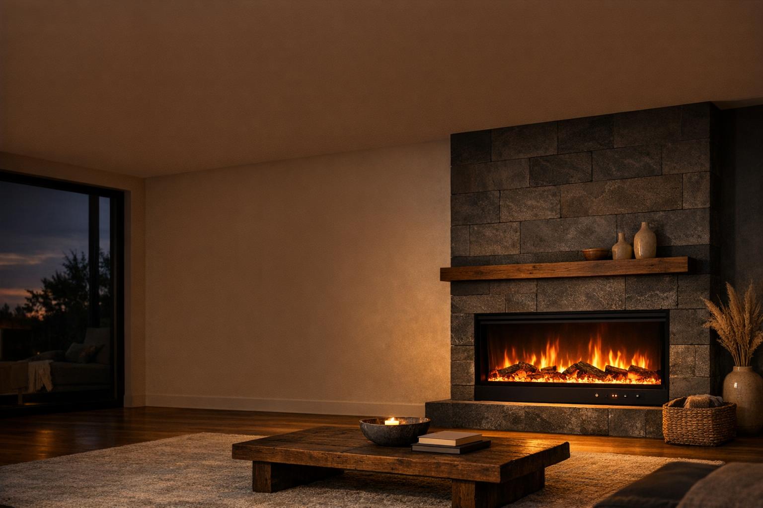 Electric fireplace flame effects and controls AI-generated editorial illustration.