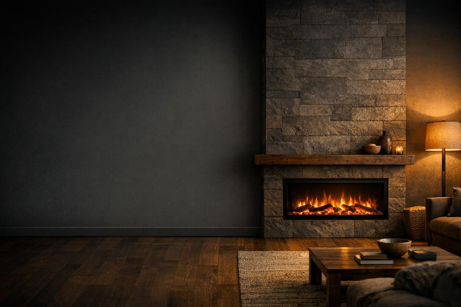 Compare electric fireplaces by installation type, stated size and heater output - exact listing evidence, without invented specifications. AI-generated editorial illustration.