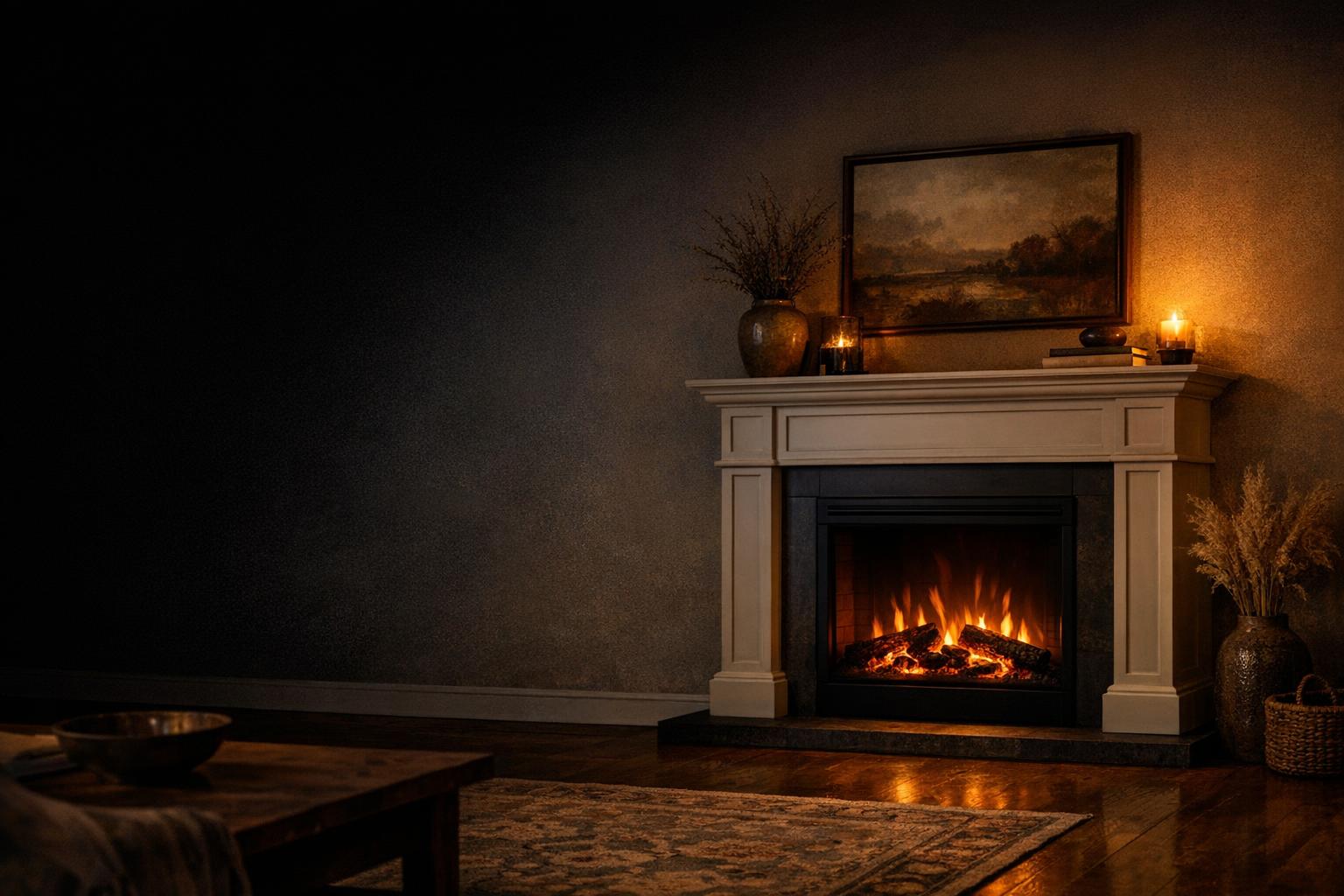 Electric fireplace mantel in a warm living room AI-generated editorial illustration.