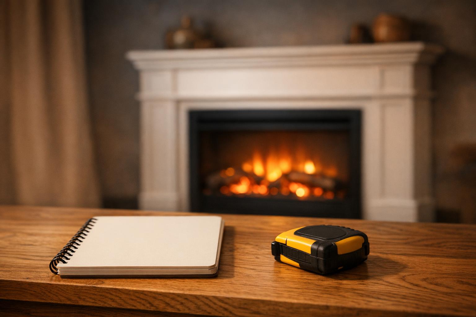 A mantel name does not prove a firebox is included AI-generated editorial illustration.